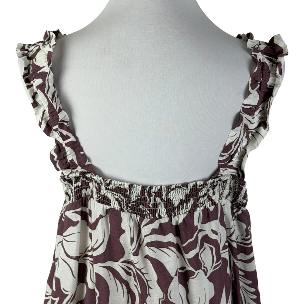 A New Day Women's Large Floral Ruffle Strap‎ Smocked Midi Dress Plum Cream - Picture 4 of 8